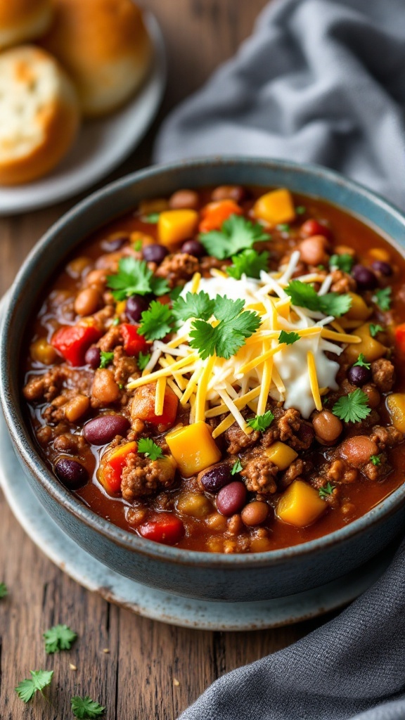 A bowl of hearty chili with beef and beans, topped with cheese and cilantro, on a rustic table.